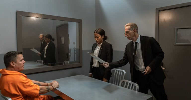 Intense interrogation scene featuring detectives interviewing a prisoner in handcuffs in a dimly lit room.