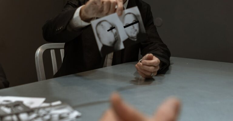 A police officer questioning a handcuffed suspect in an interrogation room.