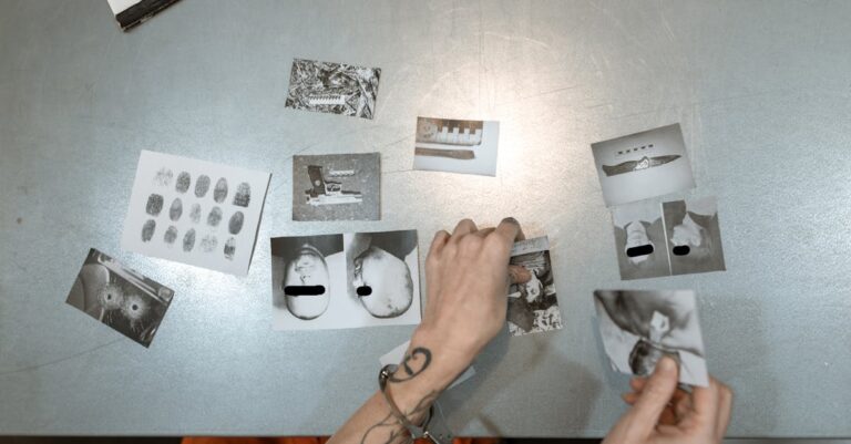 A handcuffed person examines evidence photos on a table, indicating a crime investigation scene indoors.