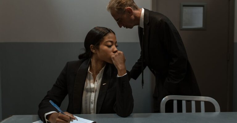 Two professionals in an interrogation room, discussing important matters.