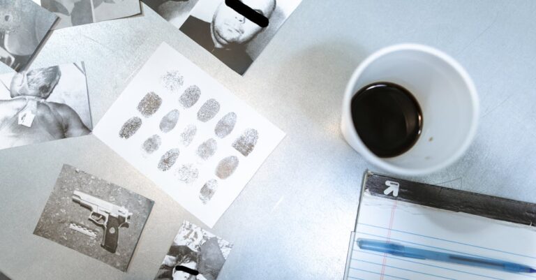 Flat lay of forensic evidence and police investigation documents on a desk.