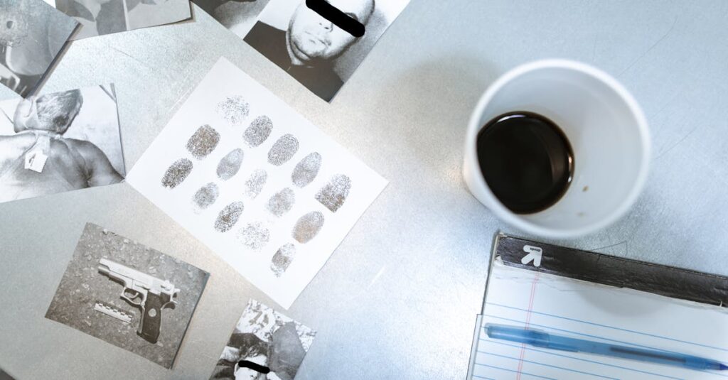 Flat lay of forensic evidence and police investigation documents on a desk.