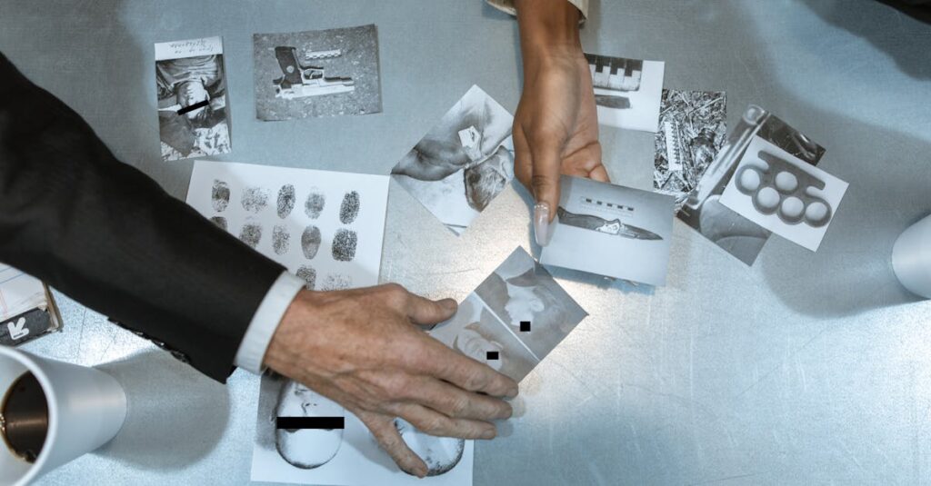 Hands exchanging evidence during a collaborative crime investigation meeting indoors.