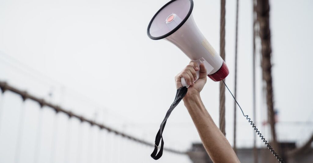 A hand holding a megaphone, symbolizing protest or announcement at an outdoor rally.