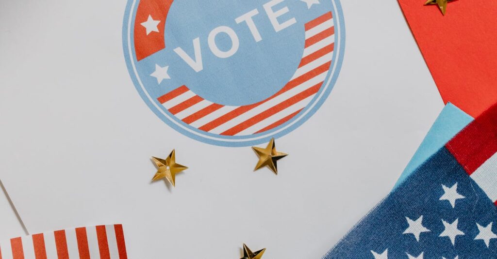 Top view of a patriotic theme featuring American flags, stars, and a voting symbol.