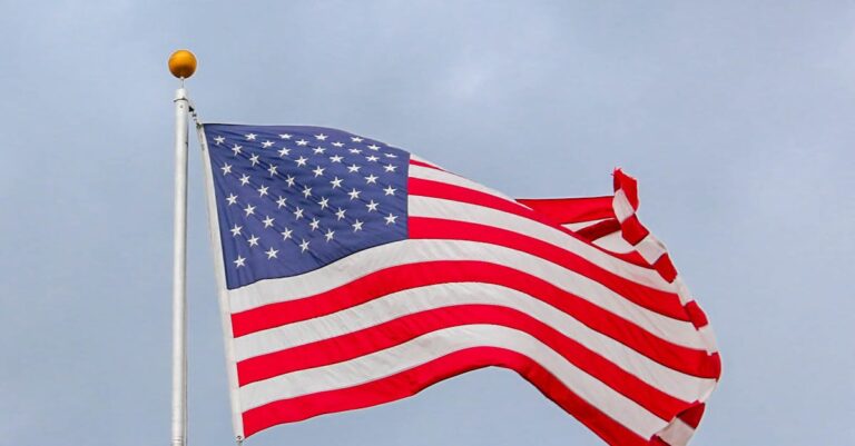 A vibrant image of the American flag waving proudly against a clear blue sky, symbolizing freedom.