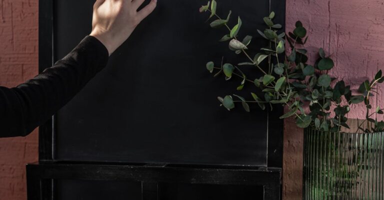 A hand writing with chalk on a blackboard, accompanied by a green plant, set indoors.