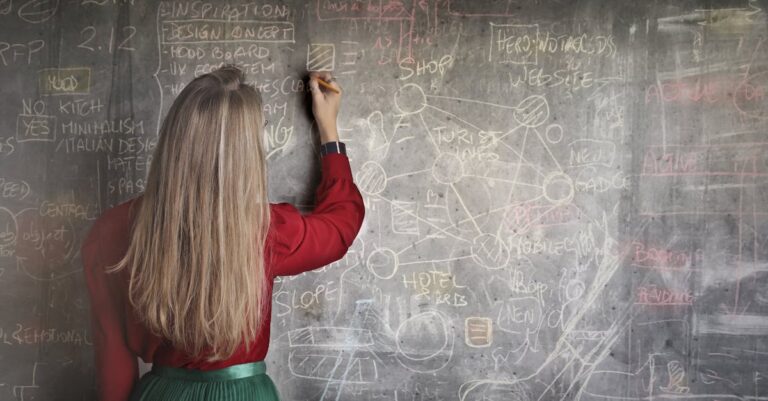A woman writing and planning on a chalkboard, showcasing creative strategies and concepts.