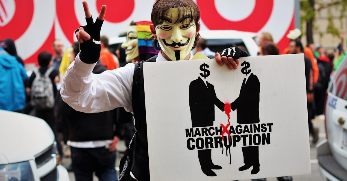 A protester wears a Guy Fawkes mask holding a sign at a rally against corruption in Washington, DC.