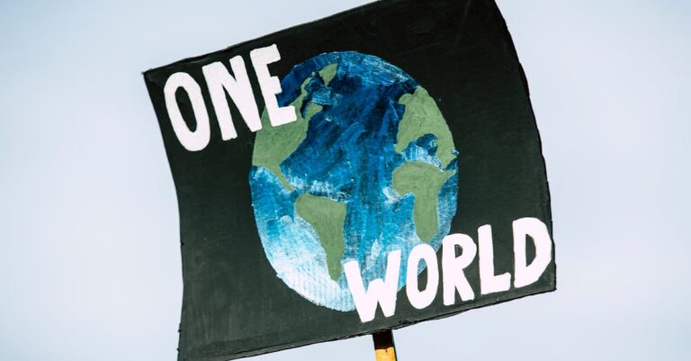 Close-up of a protest sign with Earth and 'One World' text, symbolizing climate change awareness.
