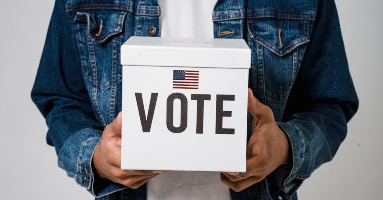 Person in denim holding a ballot box with a US flag, emphasizing voting rights.