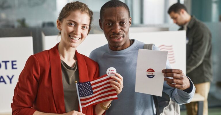 People holding US flag and voting papers, celebrating participation in voting day.