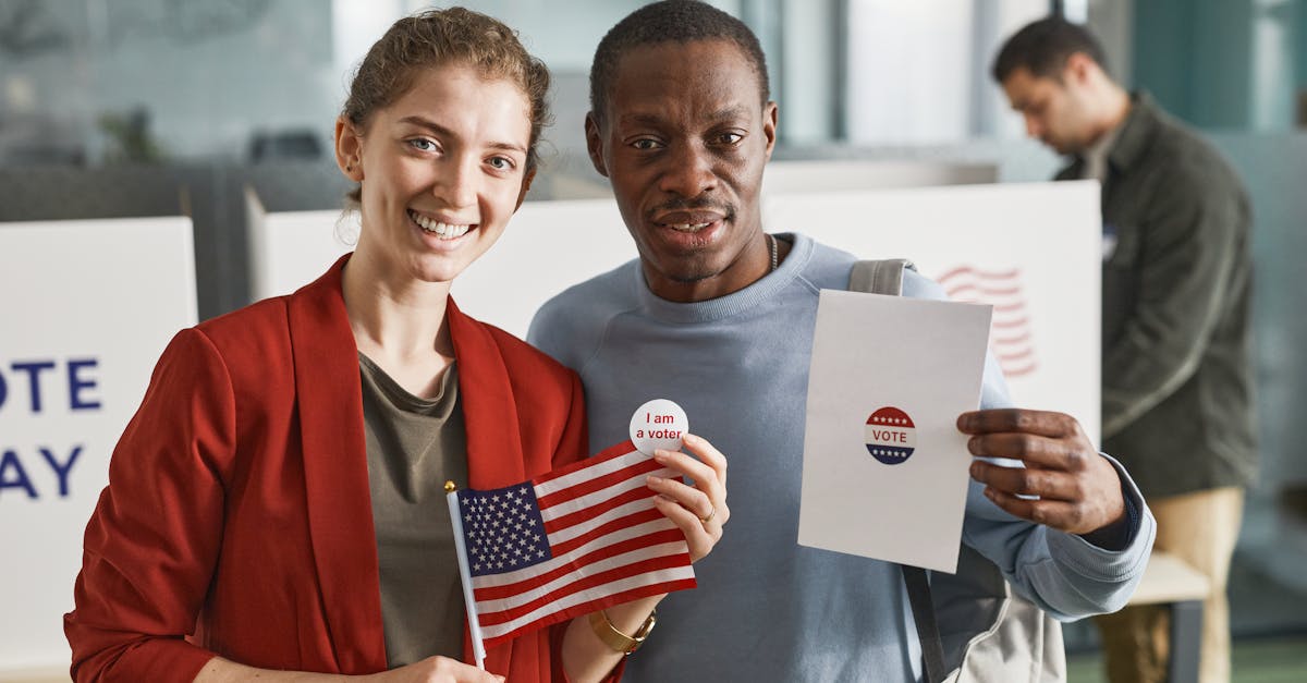 People holding US flag and voting papers, celebrating participation in voting day.