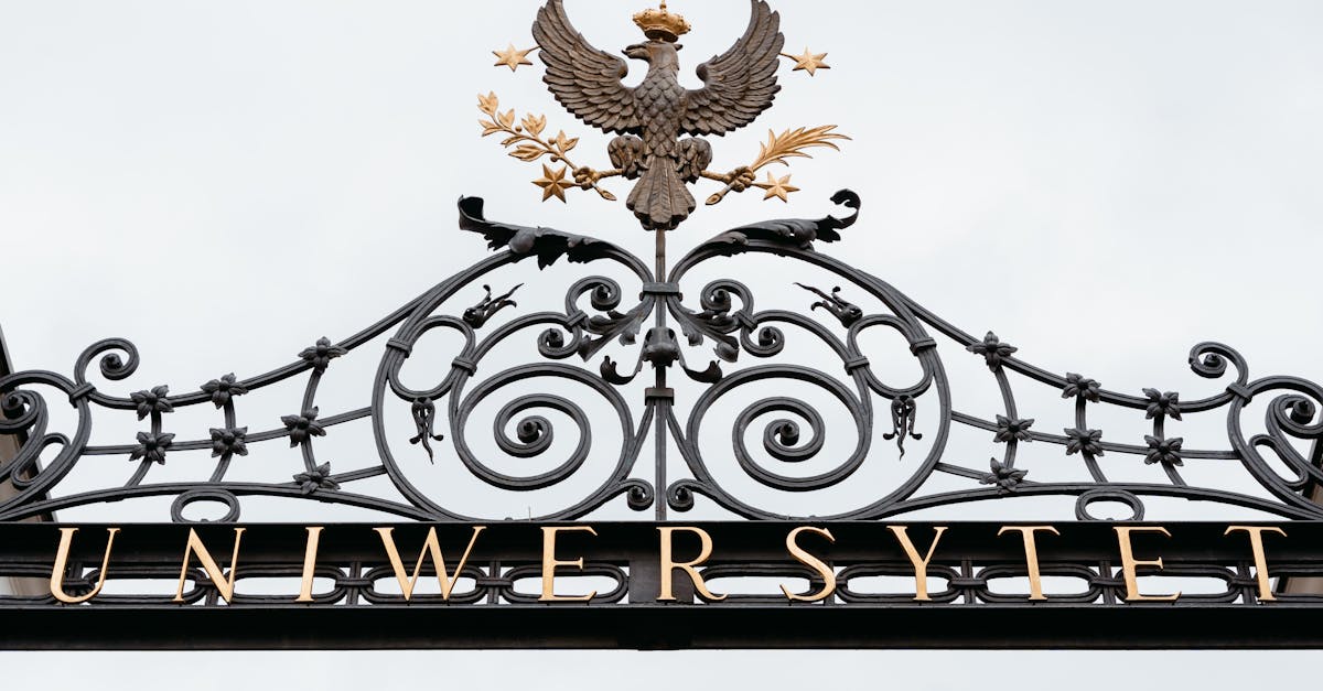 Beautifully designed ornate iron gate at a university, featuring an eagle emblem.