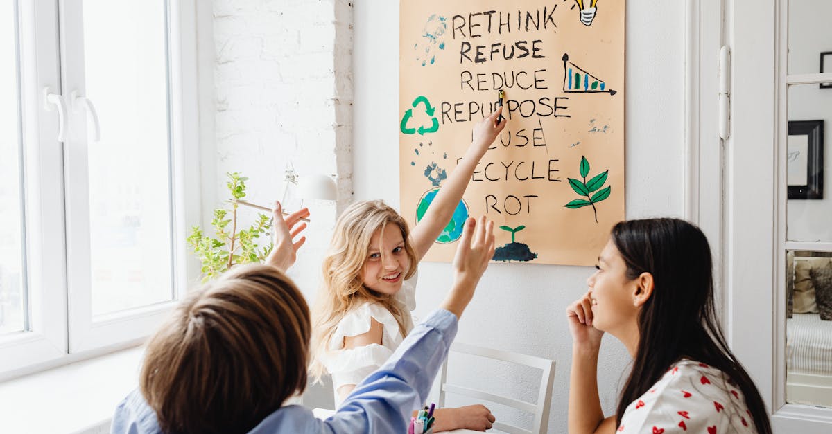 Three teenagers discussing a zero waste project in a bright room, emphasizing sustainability education.